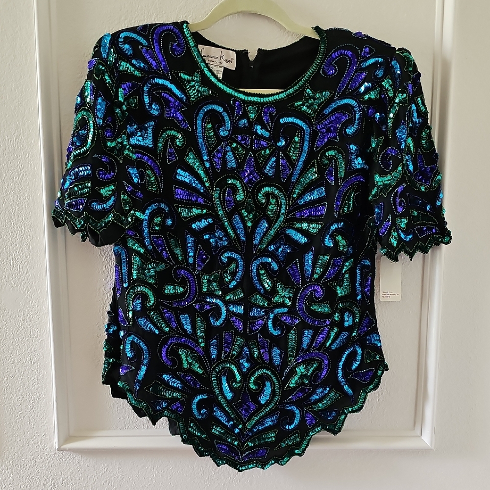 SILK EMBELISHED SEQUENED VINTAGE BLOUSE. | LAURENCE KAZAR NEW YORK